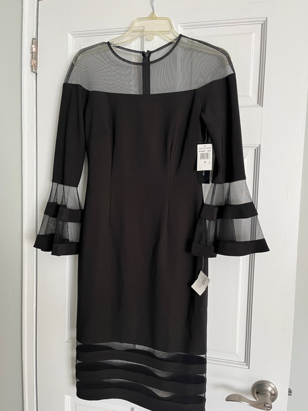 Betsy & Adam Black Sheer-Yoke Bell Sleeve Cocktail Dress